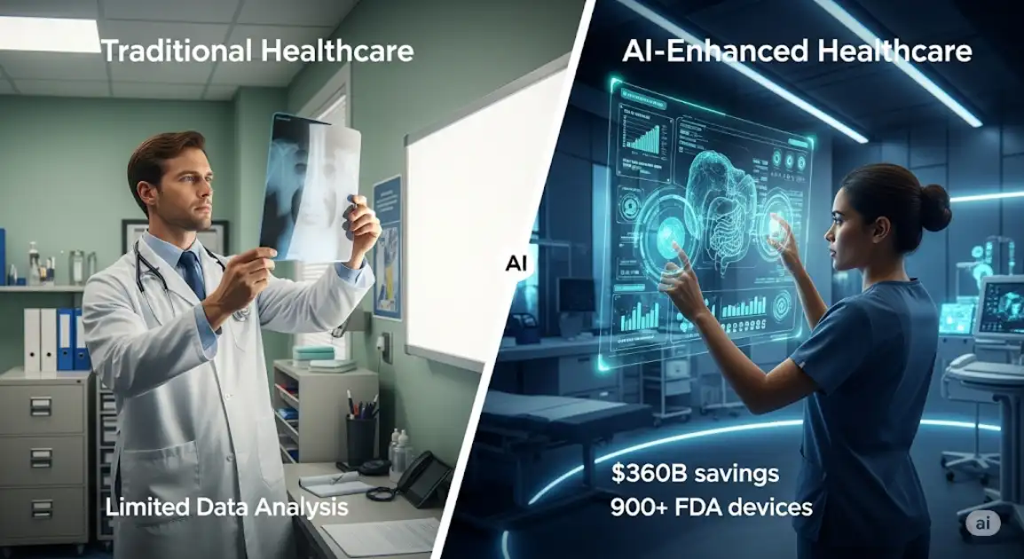 AI healthcare transformation showing doctors using AI diagnostic tools and cost savings data