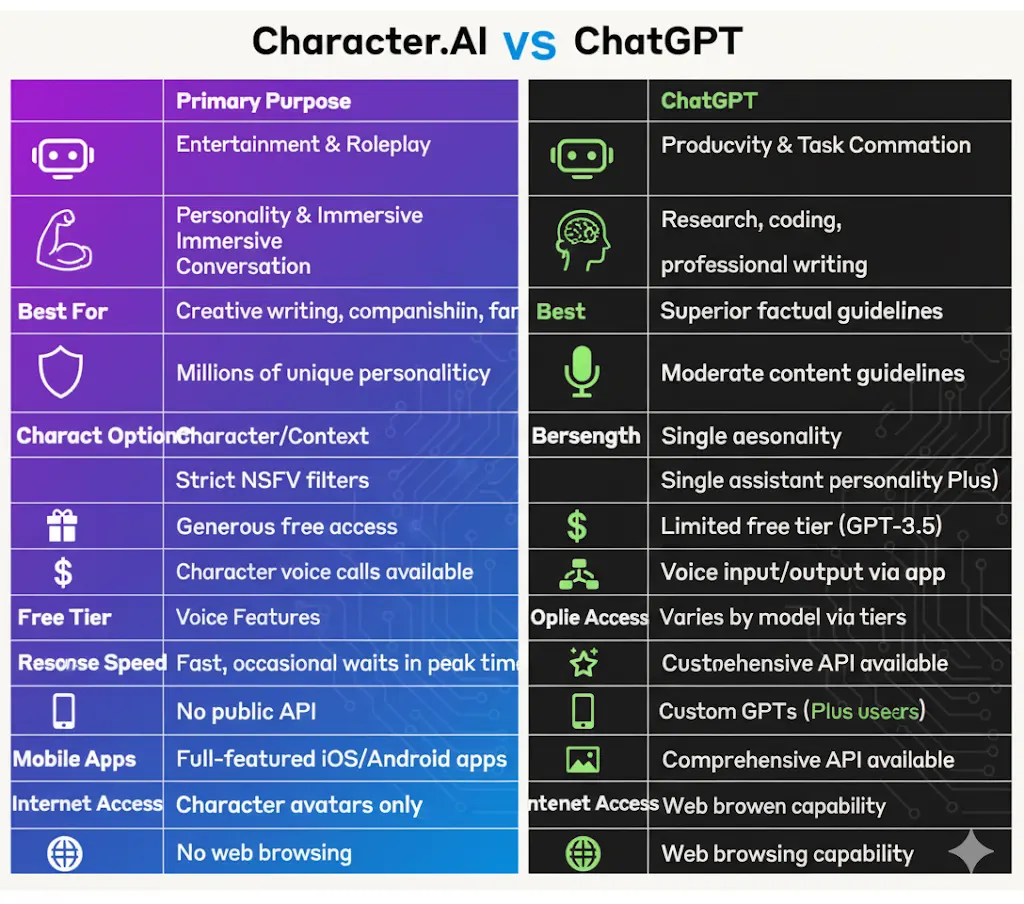 Feature comparison table between Character AI vs ChatGPT showing 15 key differences