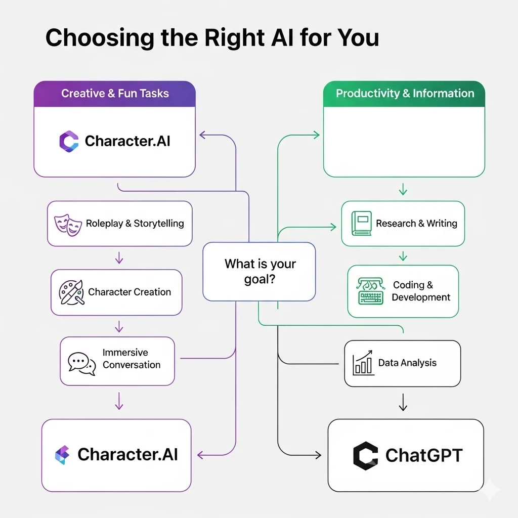 Decision flowchart helping users choose between Character AI and ChatGPT based on their needs